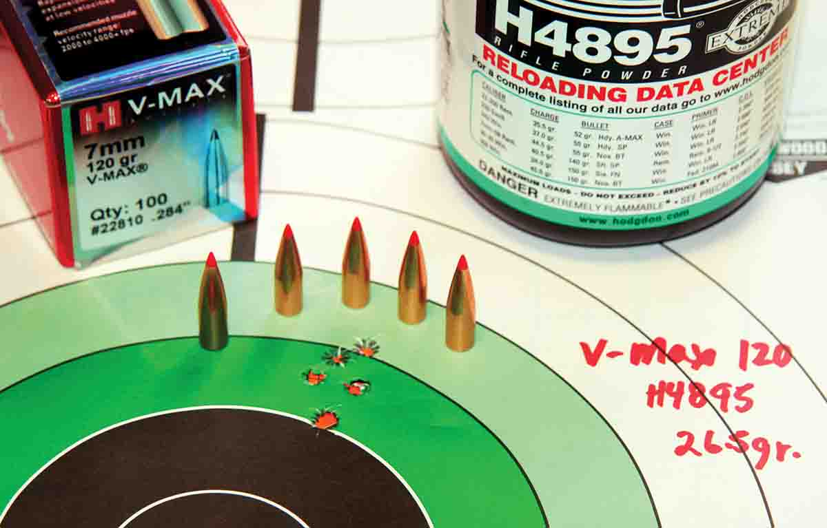 Hornady’s 120-grain V-Max performed well. Seated over 26.5 grains of Hodgdon H-4895, the load pushed 1,903 fps and produced a .62-inch, five-shot cluster.